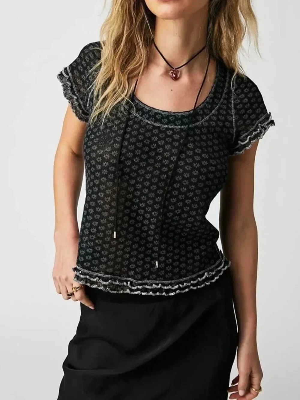 Free People Garner Tee Blouse Top Short Sleeve Floral Printed Ruffle S 287592